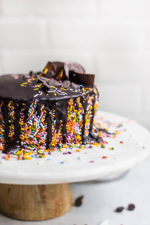 vegan chocolate layer cake with peanut butter frosting, sprinkles, and chocolate drizzle