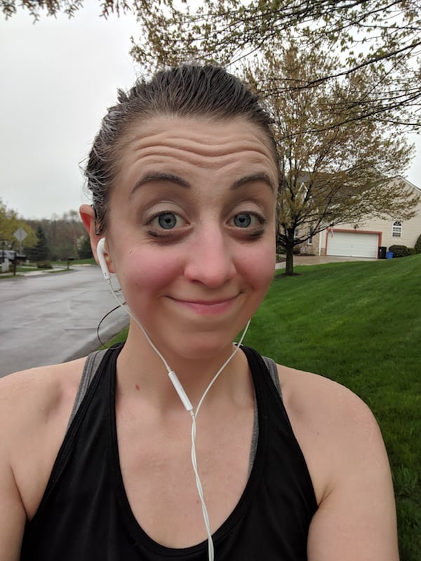 Girl with raccoon eyes from makeup after running
