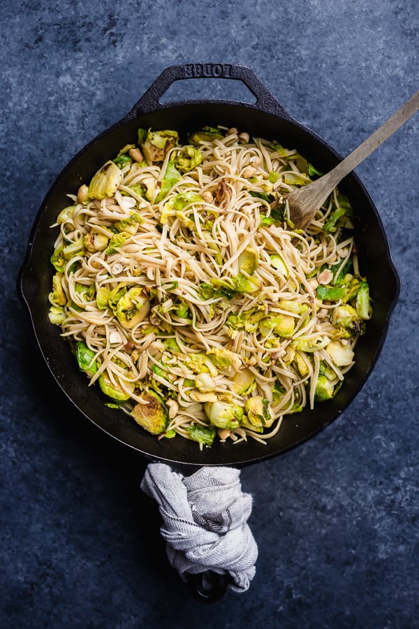 brussels sprout pasta in a cast iron skillet