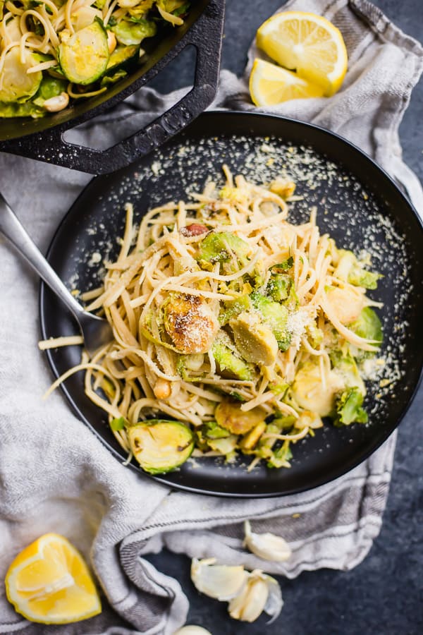 brussels sprout pasta on a plate