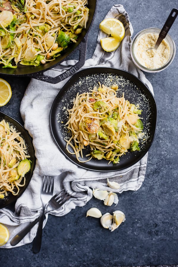brussels sprout pasta on plates