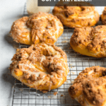 cooled cinnamon crunch soft pretzels with glaze and text