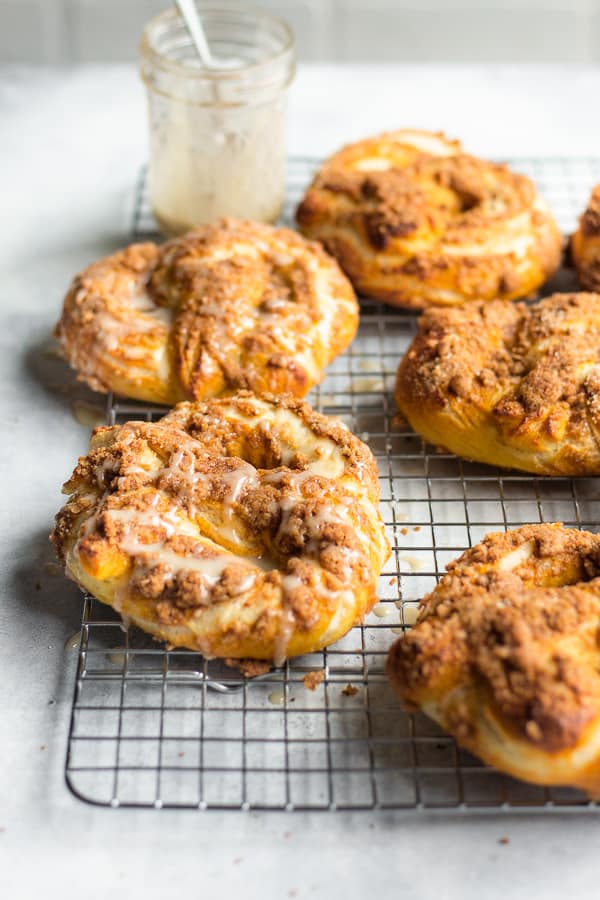 cooled cinnamon crunch soft pretzels with glaze