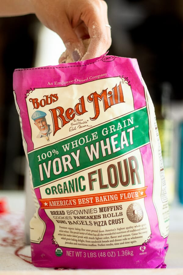 a bag of Bob's Red Mill's Organic Ivory Wheat Flour