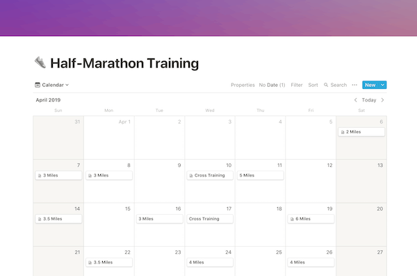 A calendar with runs and cross-training scheduled