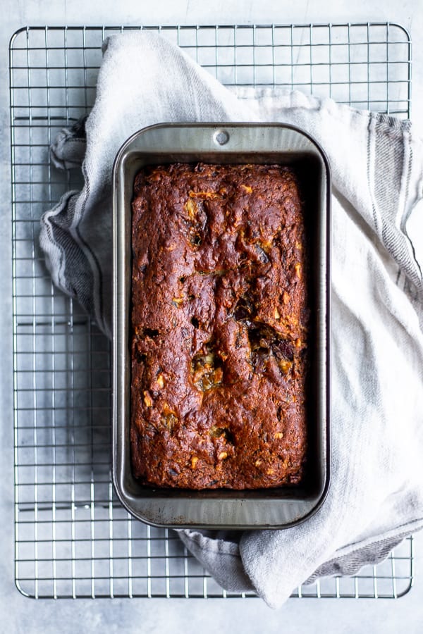 Vegan Date Nut Bread from Food52 Vegan in a pan on a cooling rack