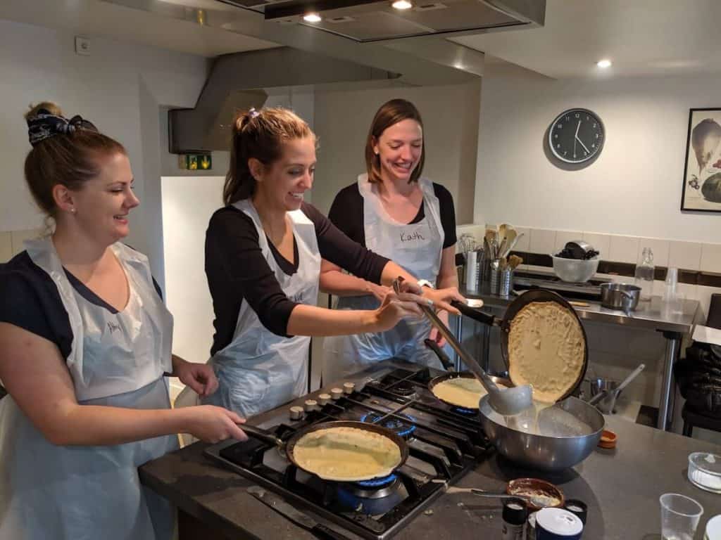 A picture from the crepe-making class at La Cuisine Paris in Paris France