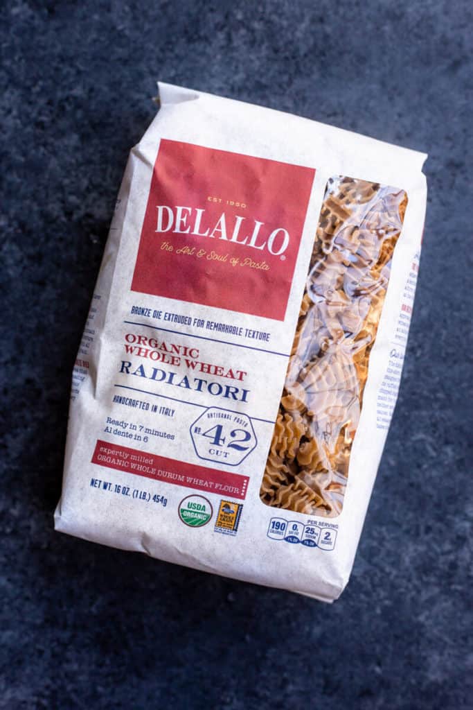 a bag of DeLallo's Organic Whole Wheat Radiatori