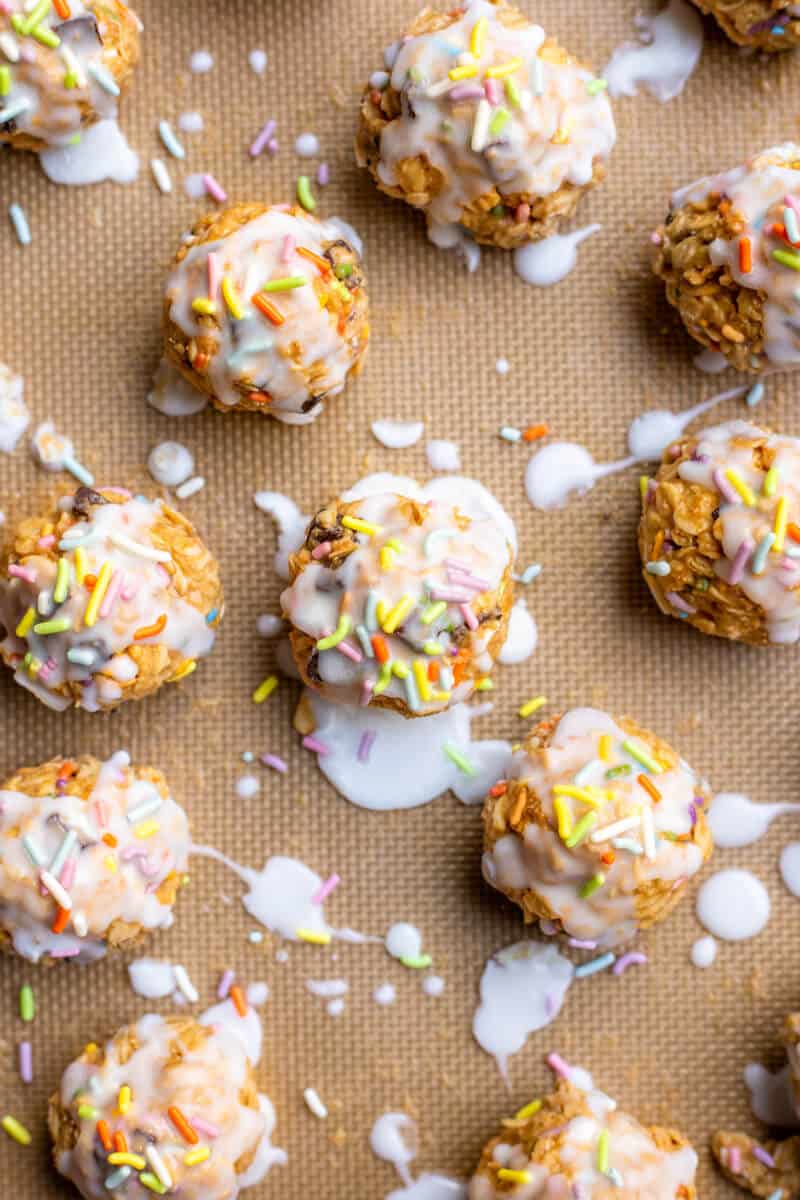 funfetti no-bake cookies on a silpat-lined baking sheet
