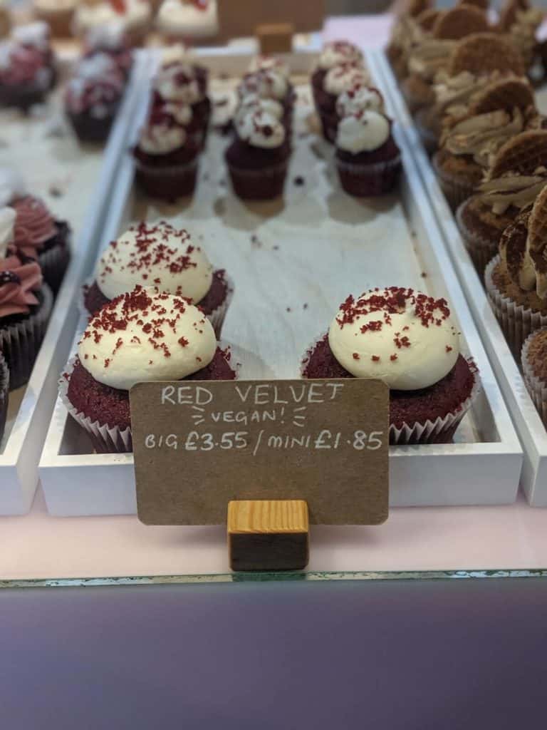 Vegan red velvet cupcakes at Crumbs & Dollies in London
