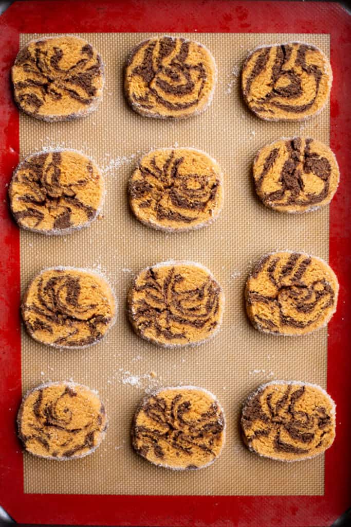 tray of baked Swirled Chocolate Peanut Butter Slice & Bake Cookies
