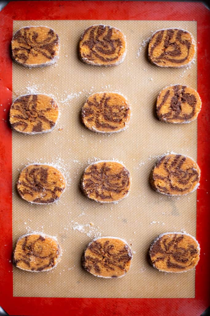 tray of unbaked Swirled Chocolate Peanut Butter Slice & Bake Cookies