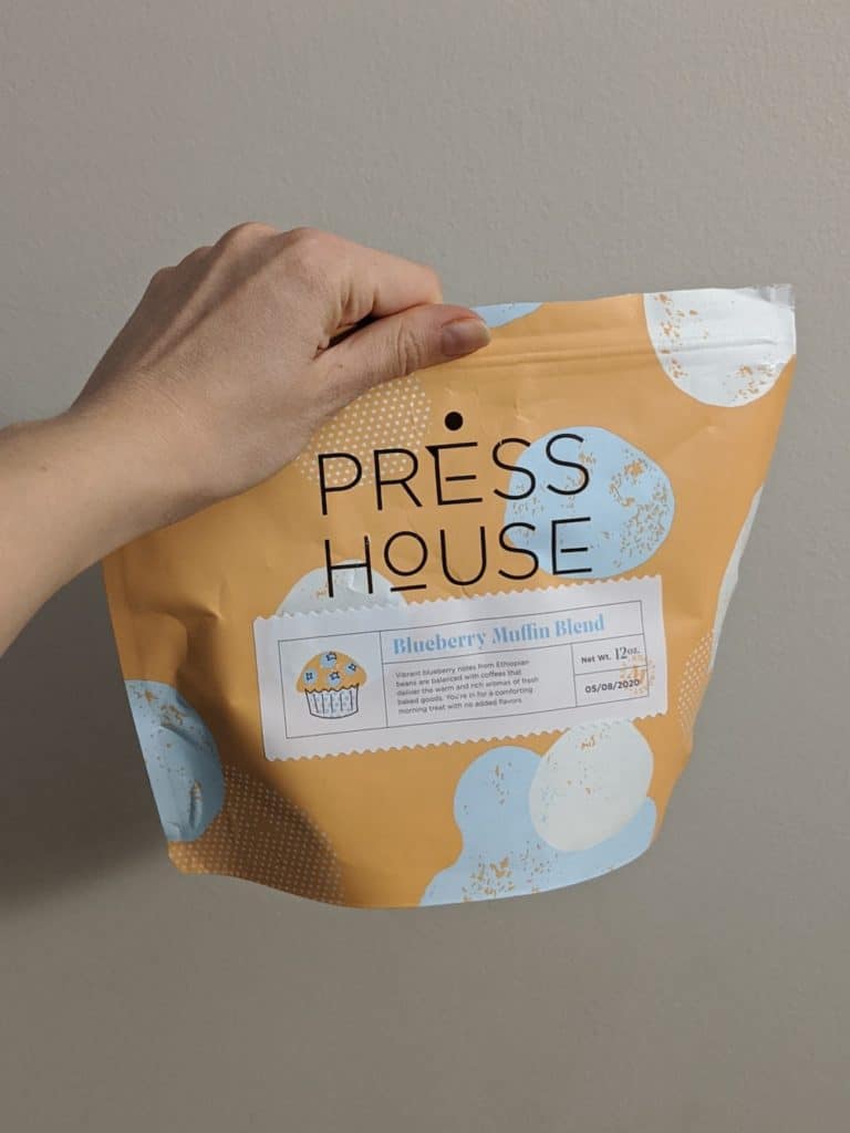 a bag of Press House Blueberry Muffin coffee