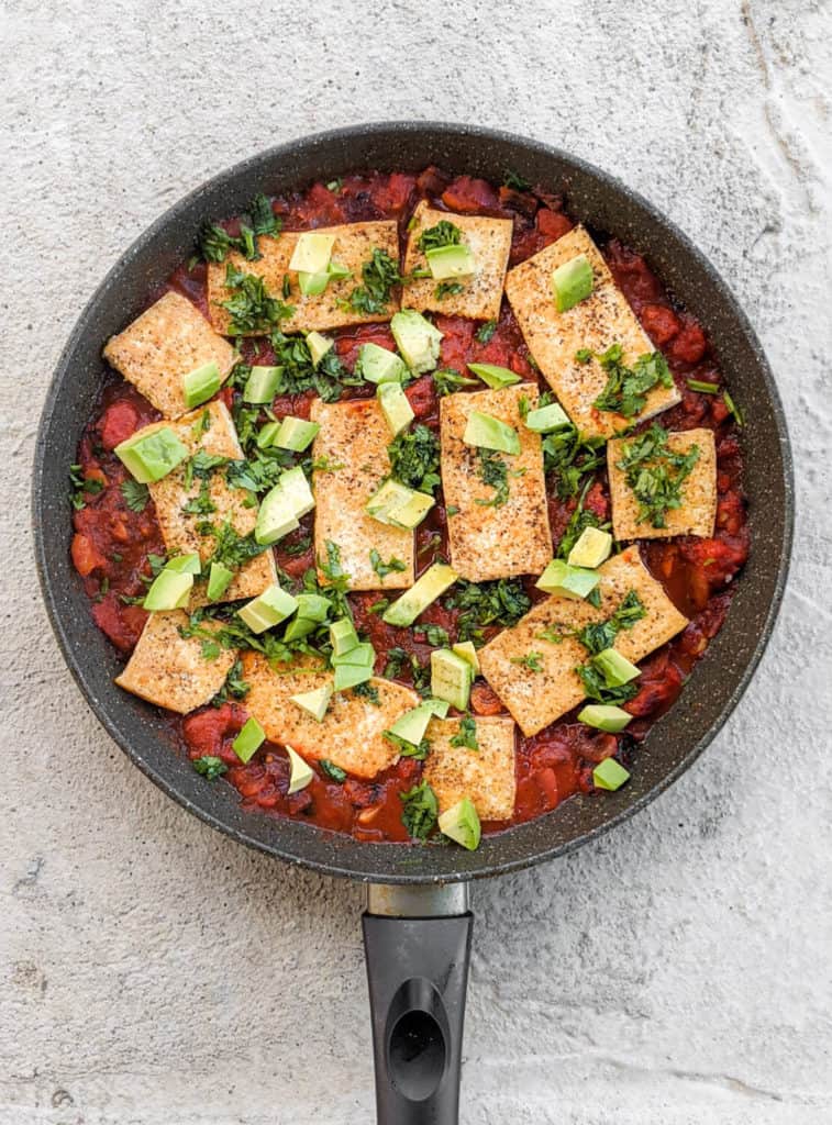 a pan of tofu ranchero from the 'vegan for everybody' cookbook