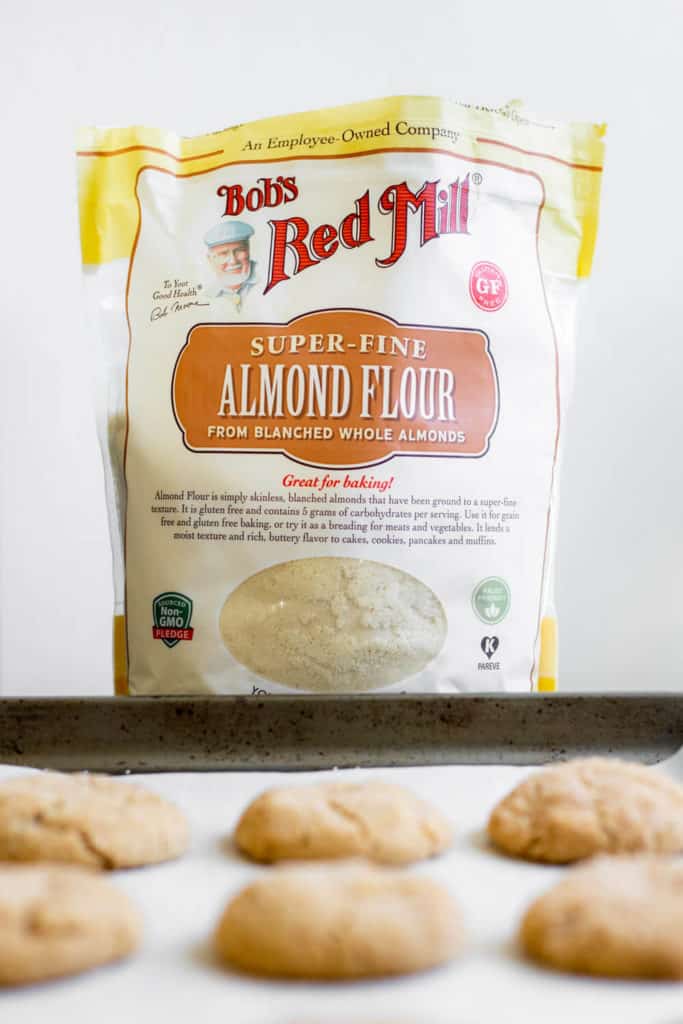 a bag of Bob's Red Mill's Almond flour at the end of a baking sheet