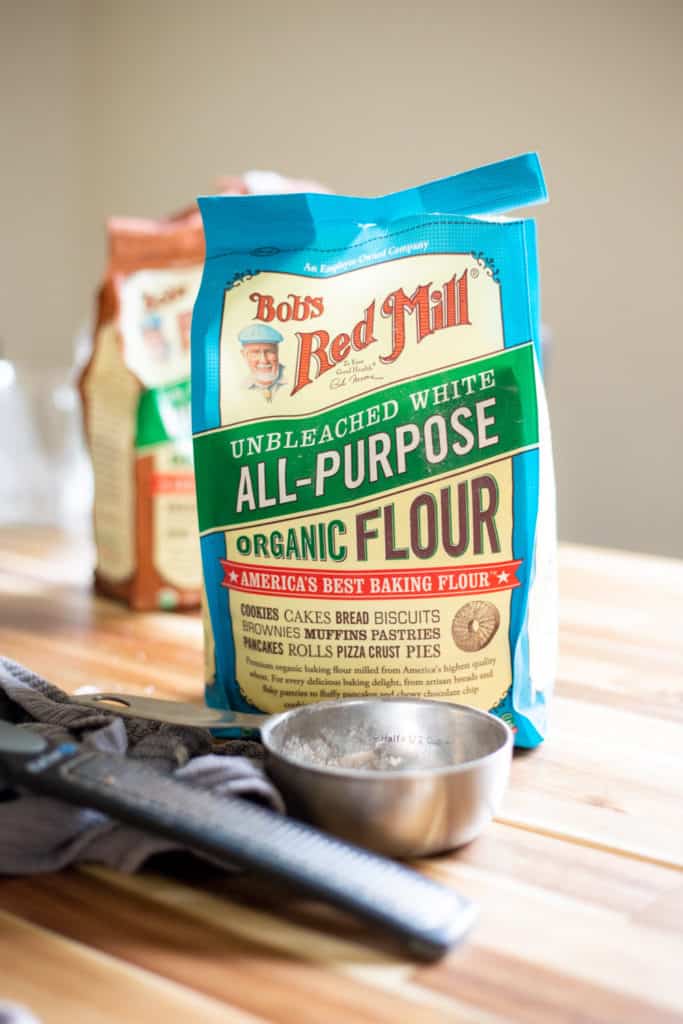 a bag of Bob's Red Mill's Organic All-Purpose flour on a table