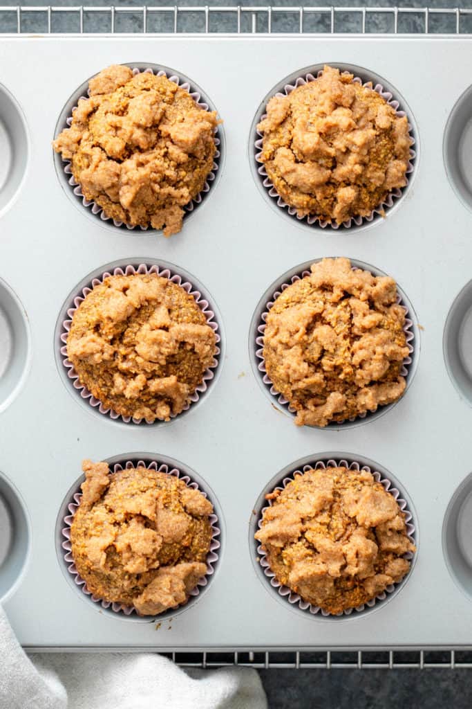 baked vegan blender coffee cake muffins in a muffin tin