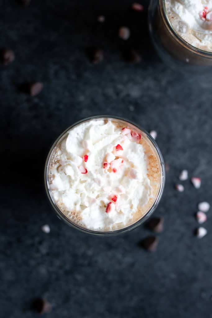 the top of a vegan oat milk peppermint mocha latte