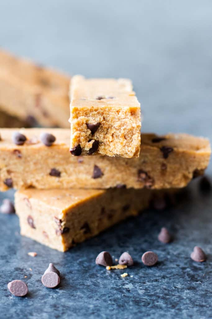 a stack of Almond Butter Cookie Dough Protein Bars