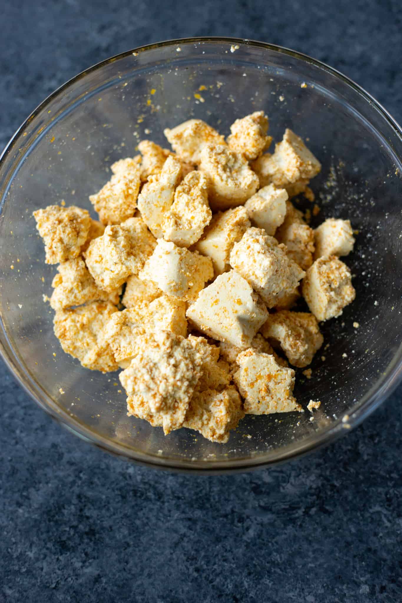 marinaded tofu nuggets in a bowl