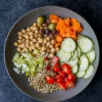 a lettuceless salad of cucumbers, tomatoes, sunflower seeds, green onions, chickpeas, olives, and carrots in a dark grey bowl