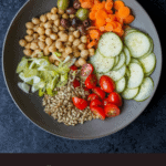 a lettuceless salad of cucumbers, tomatoes, sunflower seeds, green onions, chickpeas, olives, and carrots in a dark grey bowl and the words "just the toppings" salad in white