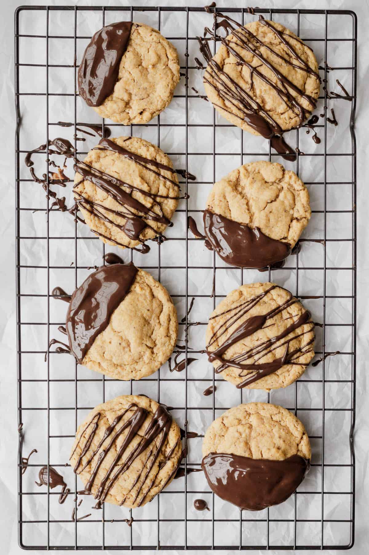 vegan chocolate peanut butter cookies on a cooling rack